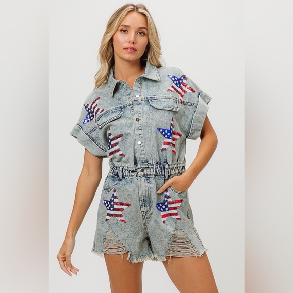 Pants & Jumpsuits | Nwt Patriotic Star Denim Romper Distressed Usa Flag ...
